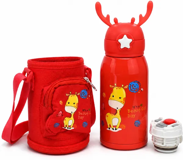 Red_Giraffe_Print_Stainless_Steel_600Ml_Water_Bottle_With_Sling_Bag_For_Kids