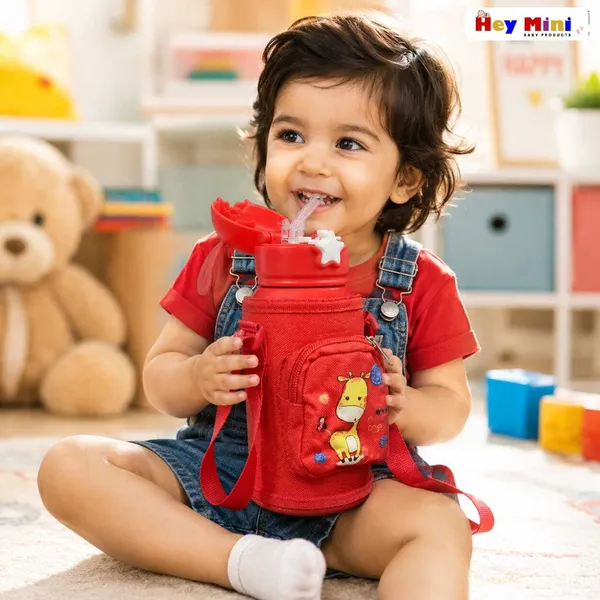 Red_Giraffe_Print_Stainless_Steel_600Ml_Water_Bottle_With_Sling_Bag_For_Kids