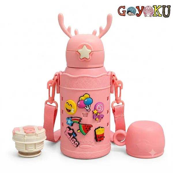 Pink_Stainless_Steel_Cartoon_Kids_Water_Bottle_With_Strap_600Ml