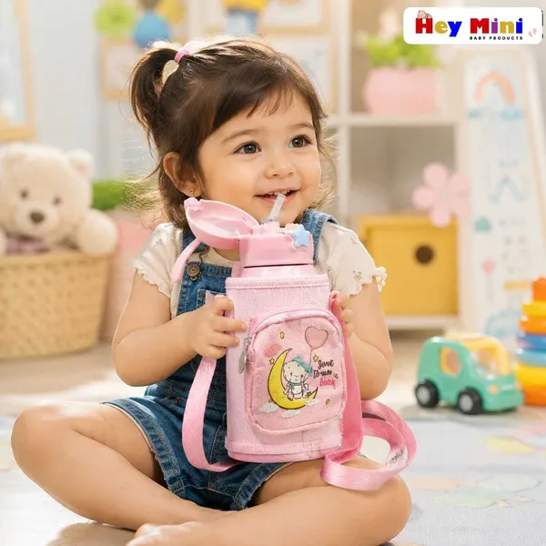 Pink_Printed_Stainless_Steel_600Ml_Water_Bottle_With_Carry_Bag_For_Kids