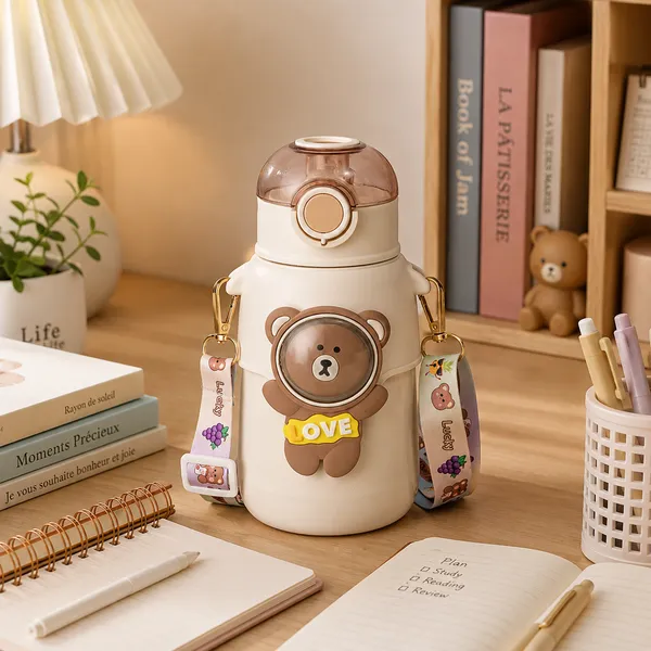 White_Bear_Print_Stainless_Steel_550Ml_Insulated_Water_Bottle_For_Kids