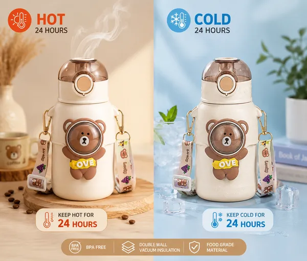 White_Bear_Print_Stainless_Steel_550Ml_Insulated_Water_Bottle_For_Kids