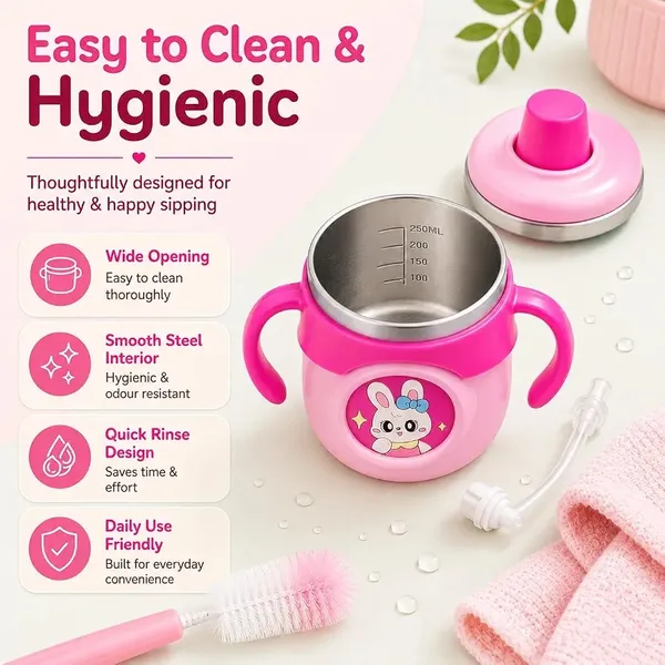 Pink_Bunny_Print_Stainless_Steel_260Ml_Handled_Sippy_Cup_For_Babies