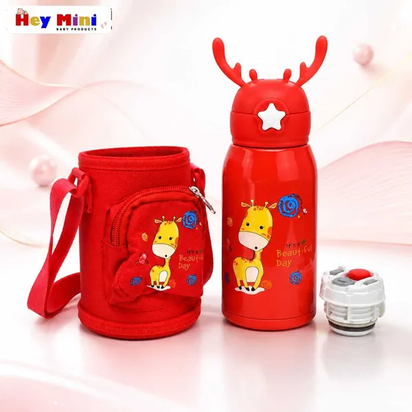 Red_Giraffe_Print_Stainless_Steel_600Ml_Water_Bottle_With_Sling_Bag_For_Kids