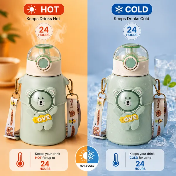 Mint_Green_Bear_Print_Stainless_Steel_550Ml_Insulated_Water_Bottle_For_Kids