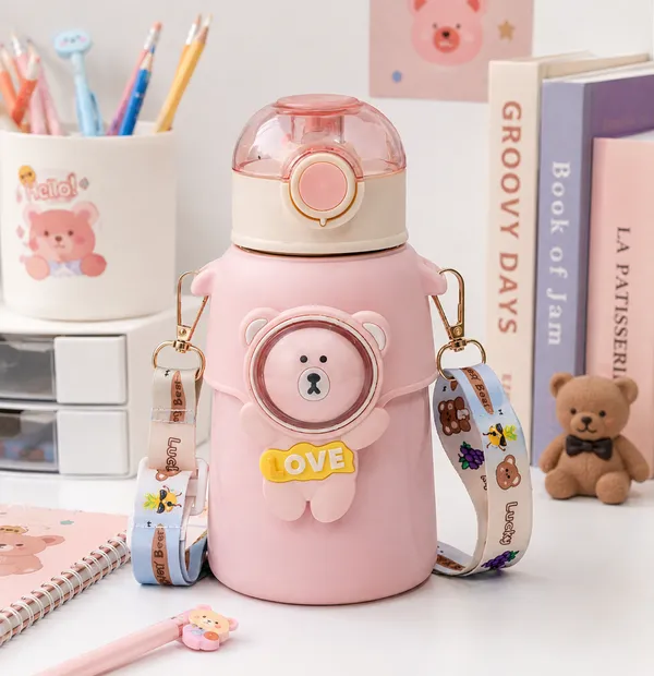 Pink_Stainless_Steel_Bear_Print_Kids_Water_Bottle_With_Strap_550Ml