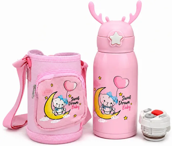 Pink_Printed_Stainless_Steel_600Ml_Water_Bottle_With_Carry_Bag_For_Kids