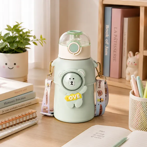 Mint_Green_Bear_Print_Stainless_Steel_550Ml_Insulated_Water_Bottle_For_Kids