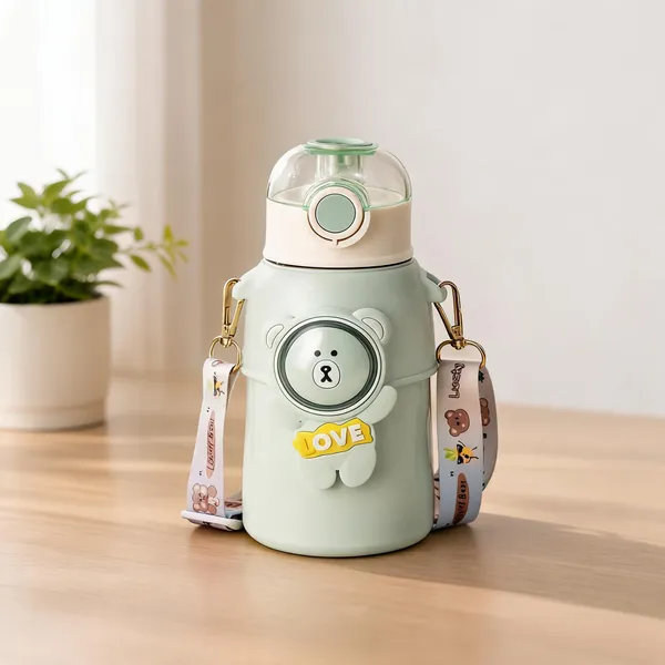 Mint_Green_Bear_Print_Stainless_Steel_550Ml_Insulated_Water_Bottle_For_Kids