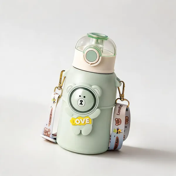 Mint_Green_Bear_Print_Stainless_Steel_550Ml_Insulated_Water_Bottle_For_Kids