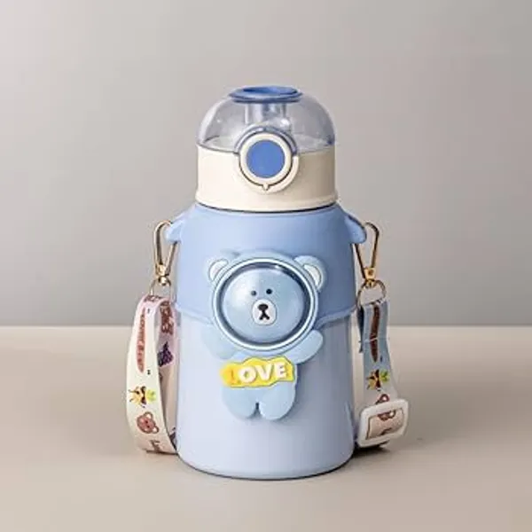 Blue_Bear_Print_Stainless_Steel_550Ml_Water_Bottle_With_Shoulder_Strap_For_Kids