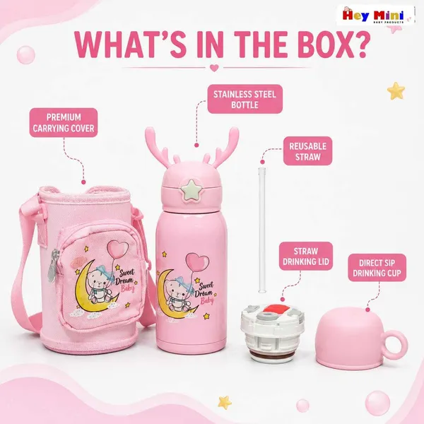 Pink_Printed_Stainless_Steel_600Ml_Water_Bottle_With_Carry_Bag_For_Kids
