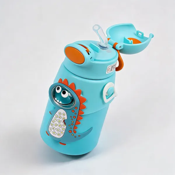 Turquoise_Dinosaur_Print_Stainless_Steel_600Ml_Straw_Water_Bottle_For_Kids