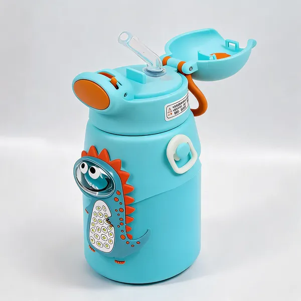 Turquoise_Dinosaur_Print_Stainless_Steel_600Ml_Straw_Water_Bottle_For_Kids
