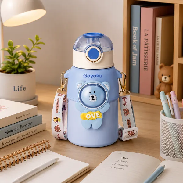 Blue_Bear_Print_Stainless_Steel_550Ml_Water_Bottle_With_Shoulder_Strap_For_Kids