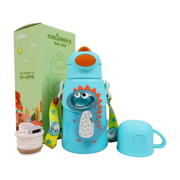 Turquoise_Dinosaur_Print_Stainless_Steel_600Ml_Straw_Water_Bottle_For_Kids