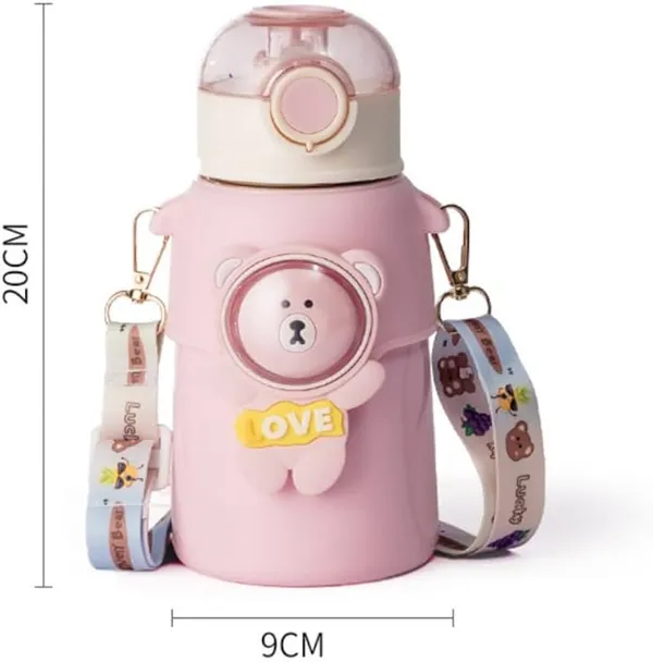 Pink_Stainless_Steel_Bear_Print_Kids_Water_Bottle_With_Strap_550Ml