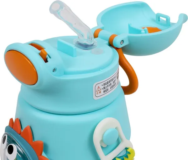 Turquoise_Dinosaur_Print_Stainless_Steel_600Ml_Straw_Water_Bottle_For_Kids