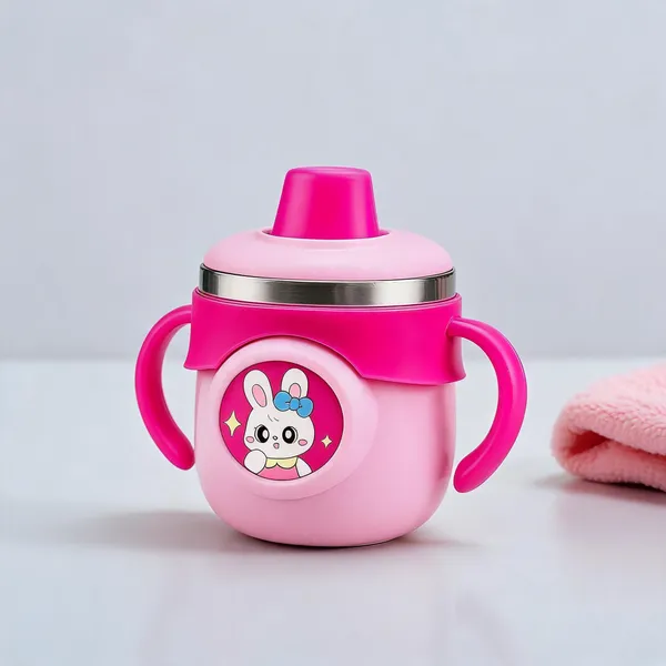 Pink_Bunny_Print_Stainless_Steel_260Ml_Handled_Sippy_Cup_For_Babies