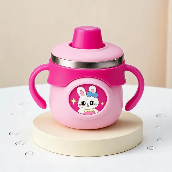 Pink_Bunny_Print_Stainless_Steel_260Ml_Handled_Sippy_Cup_For_Babies