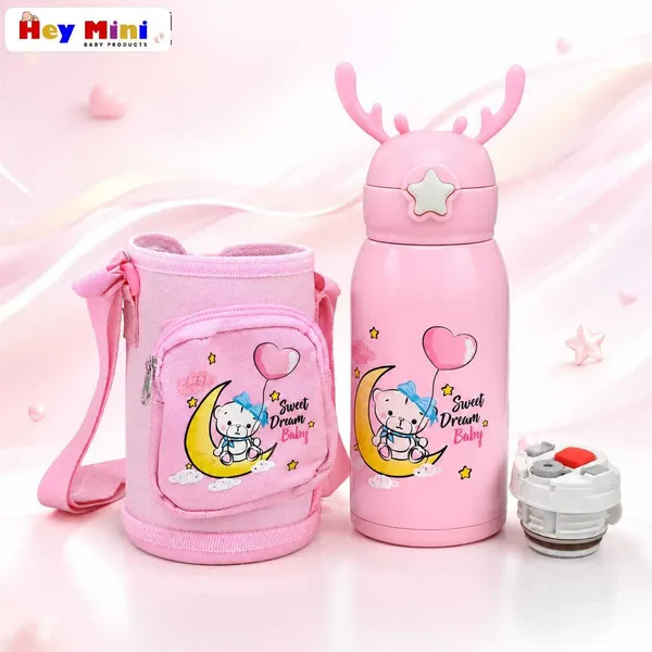 Pink_Printed_Stainless_Steel_600Ml_Water_Bottle_With_Carry_Bag_For_Kids