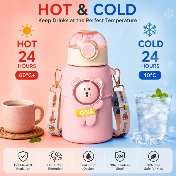 Pink_Stainless_Steel_Bear_Print_Kids_Water_Bottle_With_Strap_550Ml
