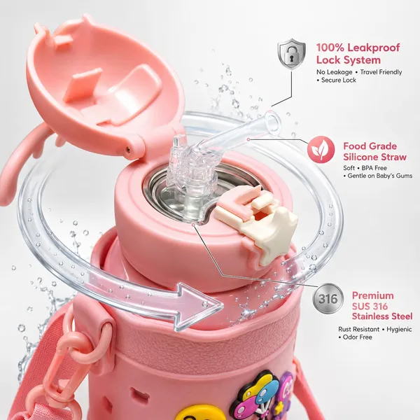 Pink_Textured_Stainless_Steel_600Ml_Flip-Top_Silicone_Straw_Bottle_For_Kids