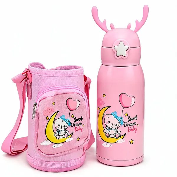 Pink_Printed_Stainless_Steel_600Ml_Water_Bottle_With_Carry_Bag_For_Kids