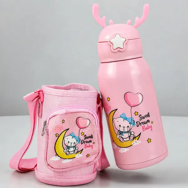 Pink_Printed_Stainless_Steel_600Ml_Water_Bottle_With_Carry_Bag_For_Kids