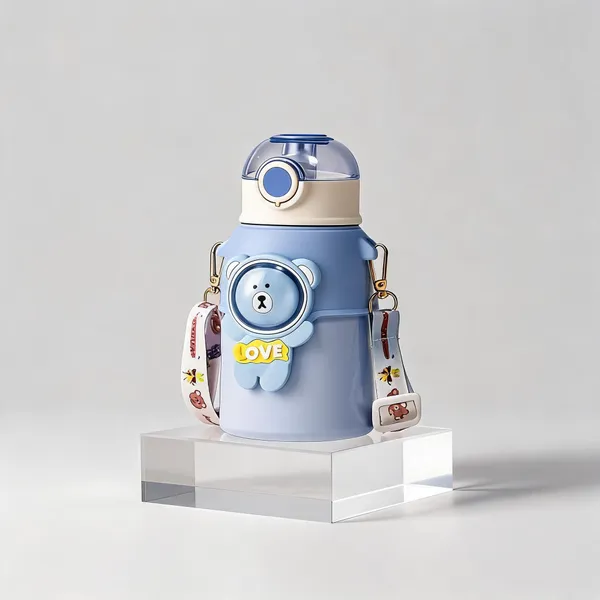 Blue_Bear_Print_Stainless_Steel_550Ml_Water_Bottle_With_Shoulder_Strap_For_Kids