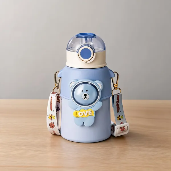 Blue_Bear_Print_Stainless_Steel_550Ml_Water_Bottle_With_Shoulder_Strap_For_Kids