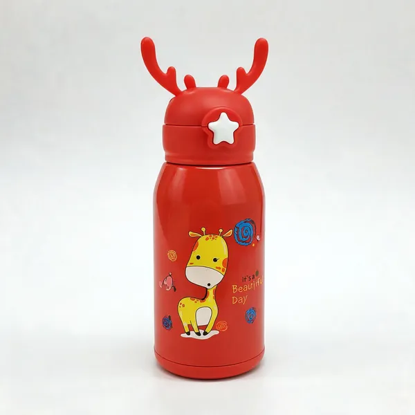 Red_Giraffe_Print_Stainless_Steel_600Ml_Water_Bottle_With_Sling_Bag_For_Kids