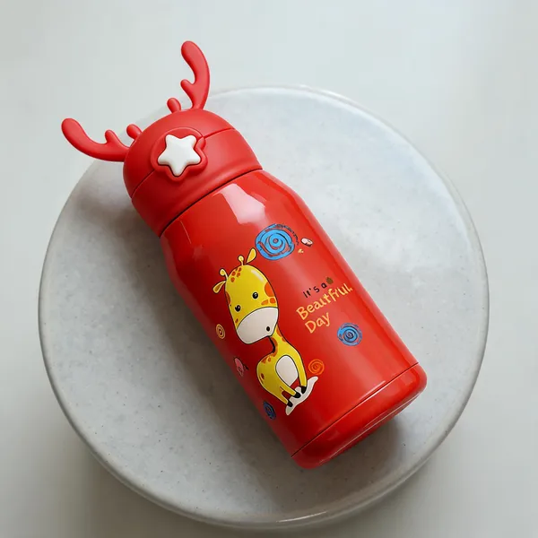 Red_Giraffe_Print_Stainless_Steel_600Ml_Water_Bottle_With_Sling_Bag_For_Kids