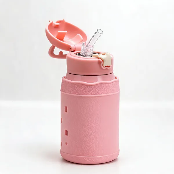 Pink_Textured_Stainless_Steel_600Ml_Flip-Top_Silicone_Straw_Bottle_For_Kids