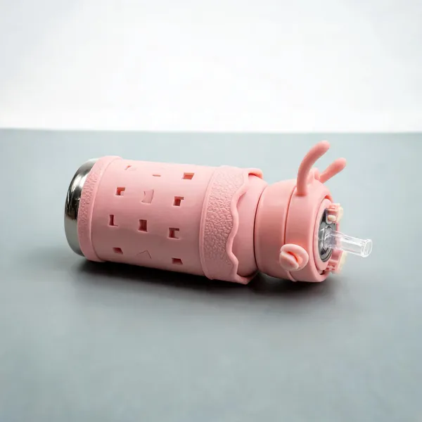 Pink_Textured_Stainless_Steel_600Ml_Flip-Top_Silicone_Straw_Bottle_For_Kids