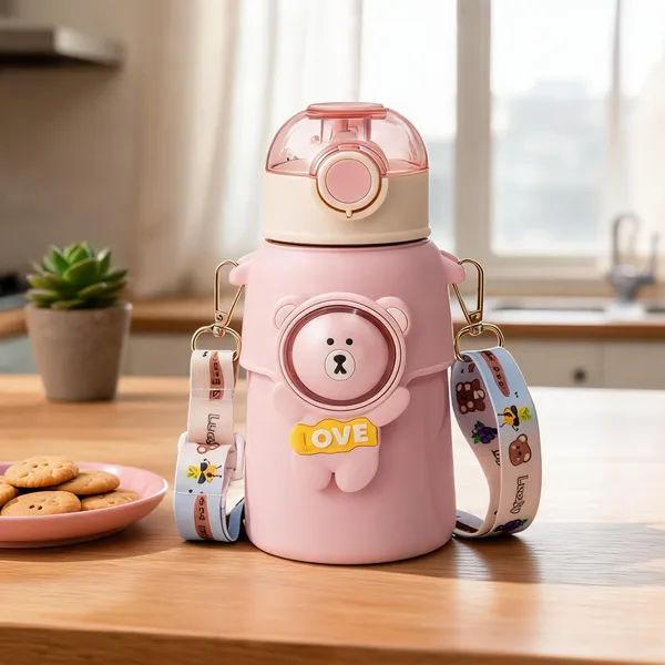 Pink_Stainless_Steel_Bear_Print_Kids_Water_Bottle_With_Strap_550Ml