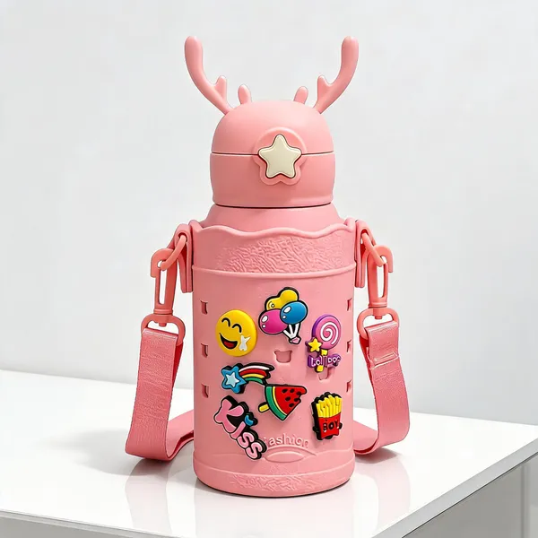 Pink_Stainless_Steel_Cartoon_Kids_Water_Bottle_With_Strap_600Ml