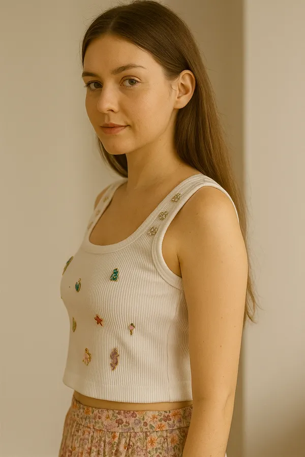 White_charm_embossed_tank_top