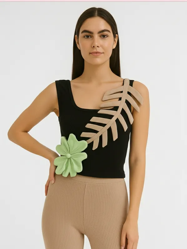 See_greenand_nude__embossed_flower_with_leaf_tank_top