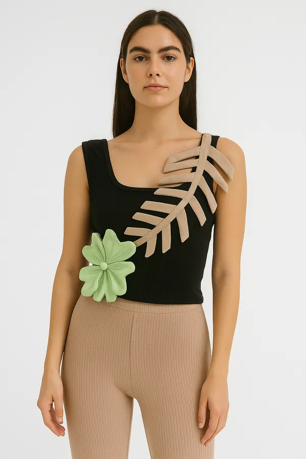 See_greenand_nude__embossed_flower_with_leaf_tank_top