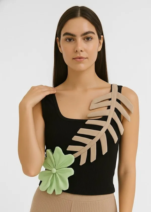 See_greenand_nude__embossed_flower_with_leaf_tank_top