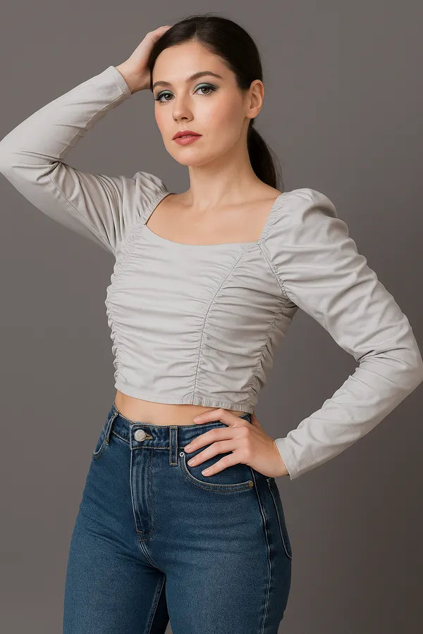 Ice_Blue_Strechable_Fabric_Geathers_Crop_Top_For_Women
