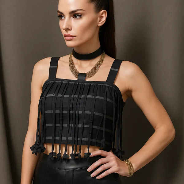 Black_And_Grey_Pure_Cotton_Thassle_Stripe_Top_For_Women
