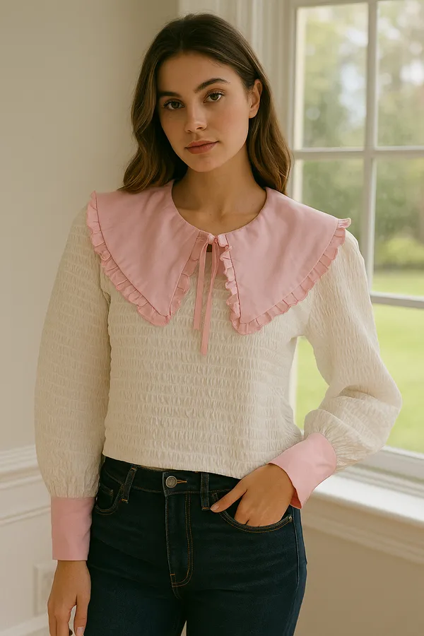 White_Baby_Pink_Rounded_Flat_Double_Collar_Top_For_Women