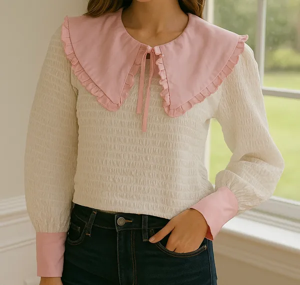 White_Baby_Pink_Rounded_Flat_Double_Collar_Top_For_Women