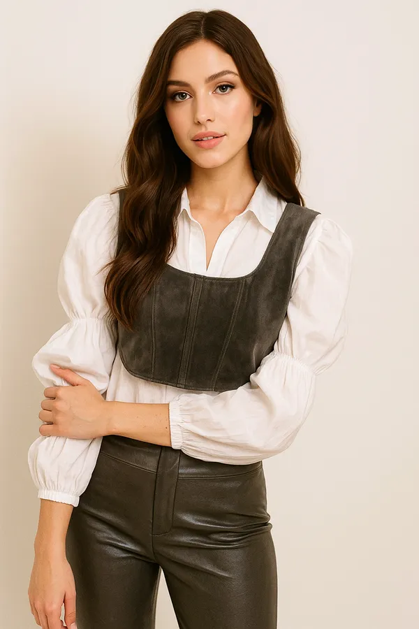 Grey_And_White_Pure_Cotton_With_Micro_Valvate_Shirt_With_Corset_For_Women