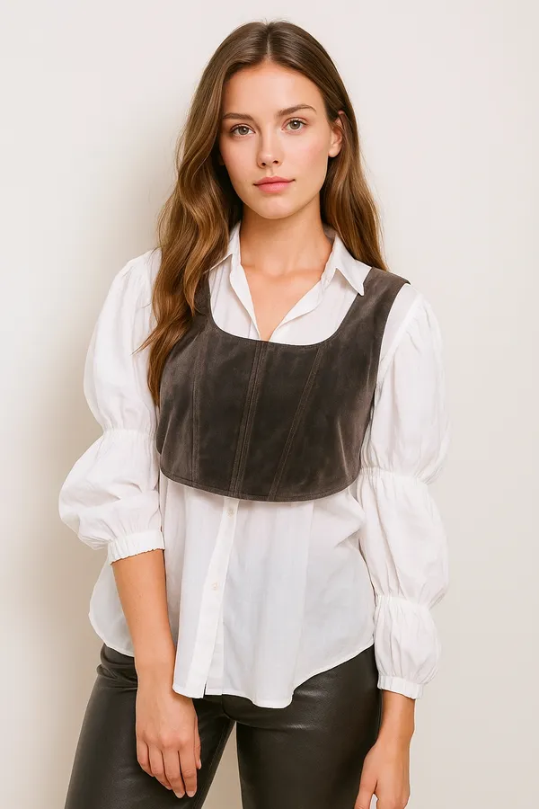 Grey_And_White_Pure_Cotton_With_Micro_Valvate_Shirt_With_Corset_For_Women