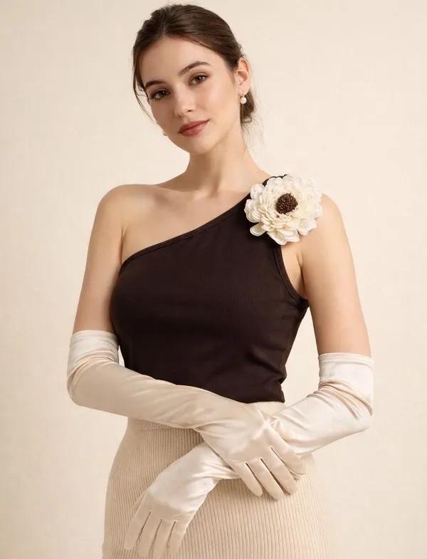 Brown_one_shoulder_flower_crop_top_with_gloves