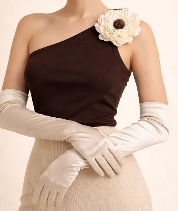 Brown_one_shoulder_flower_crop_top_with_gloves