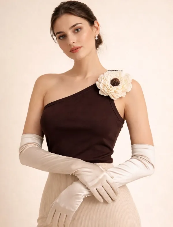Brown_one_shoulder_flower_crop_top_with_gloves